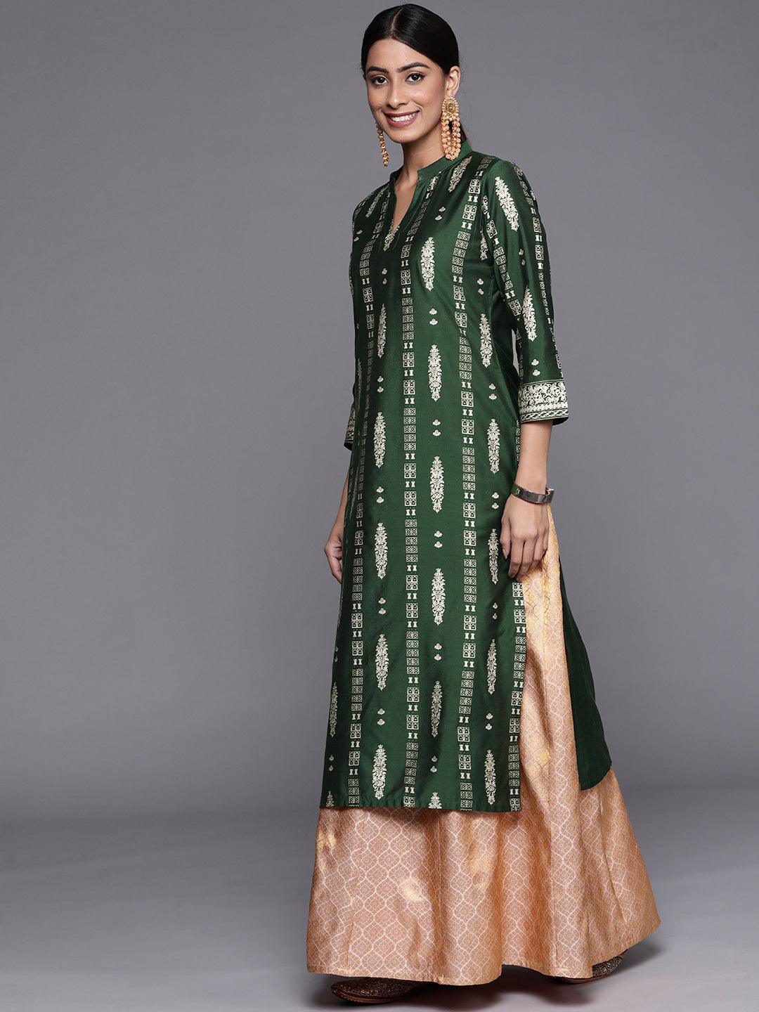 Green Printed Silk Straight Kurta