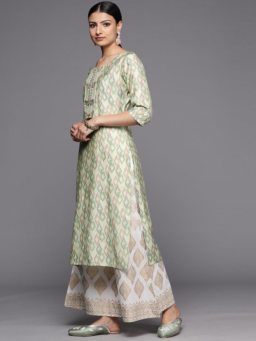 Green Printed Silk Straight Kurta - ShopLibas