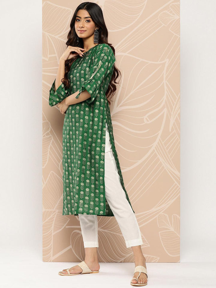 Green Printed Silk Straight Kurta - Libas