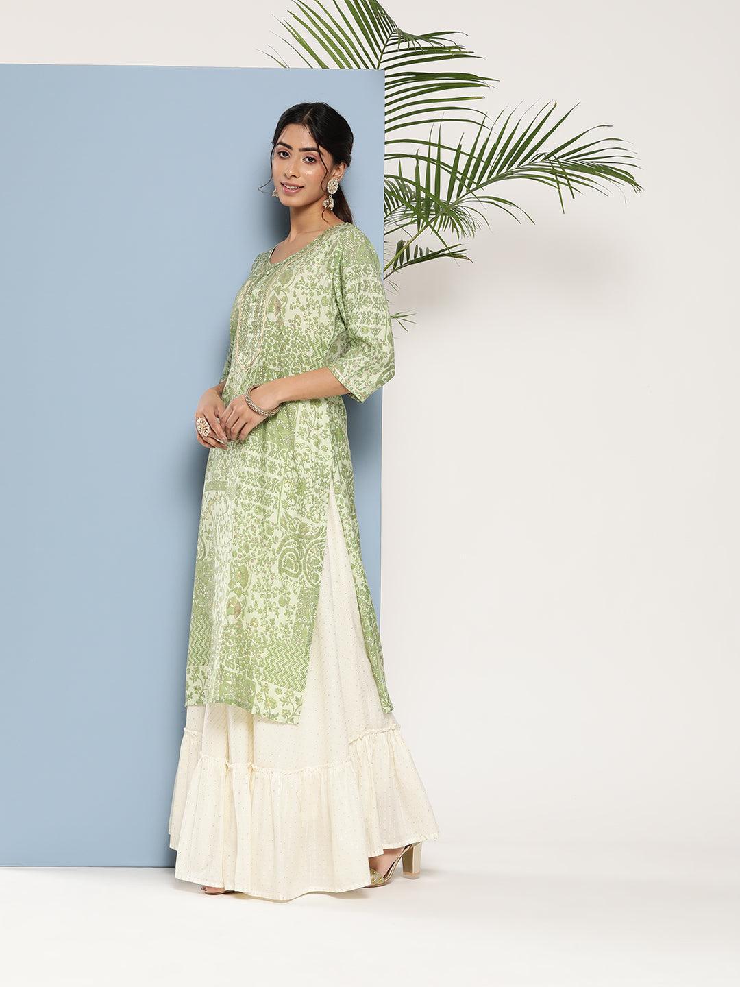 Green Printed Silk Straight Kurta