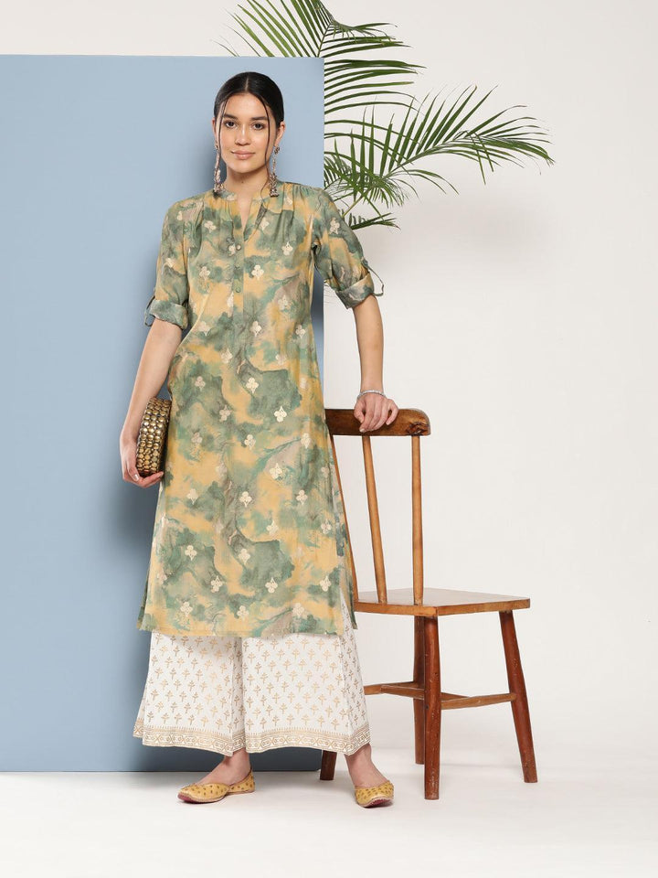 Green Printed Silk Straight Kurta - ShopLibas