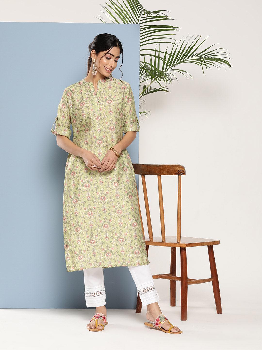 Green Printed Silk Straight Kurta