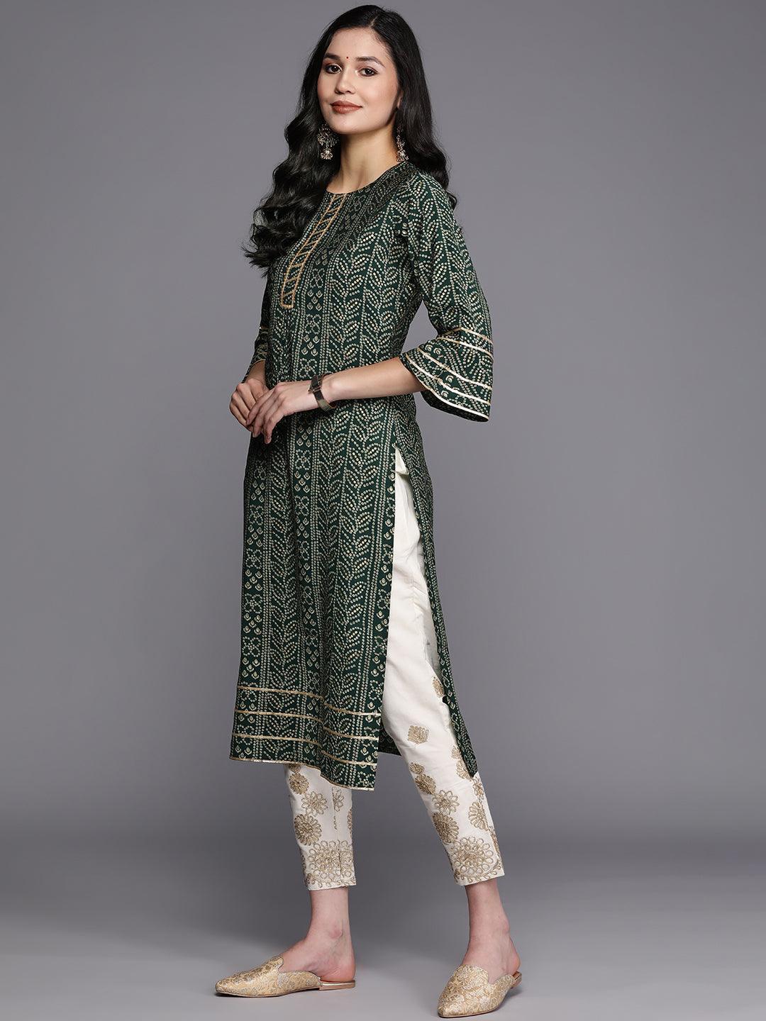 Green Printed Silk Straight Kurta - ShopLibas