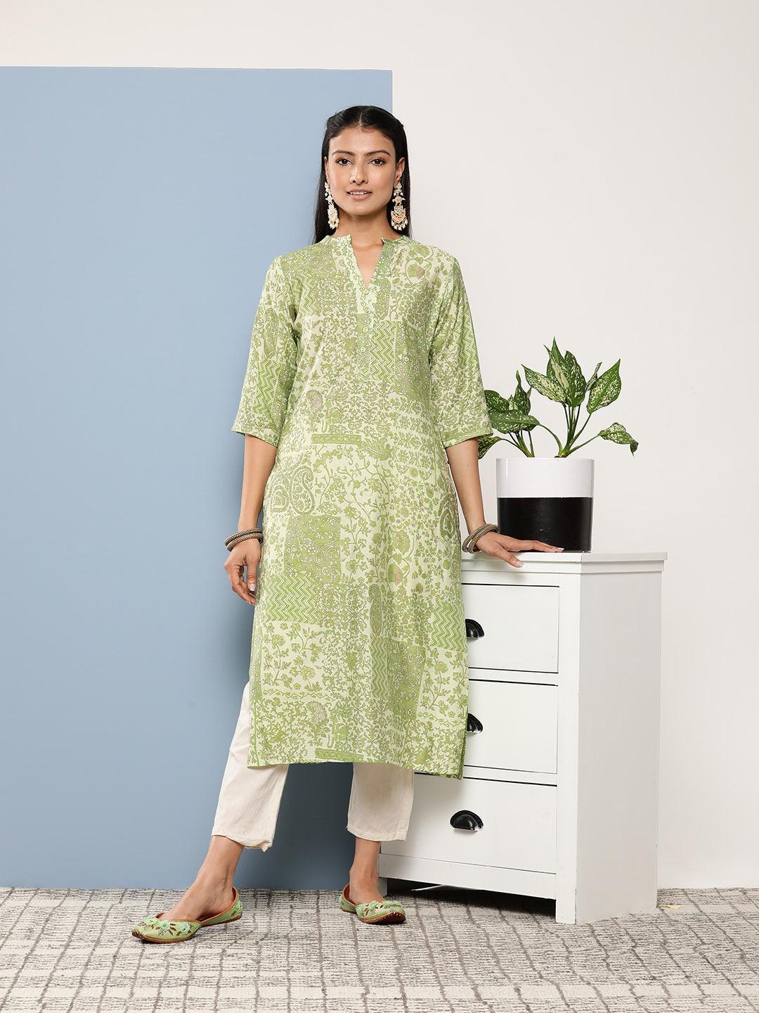 Green Printed Silk Straight Kurta