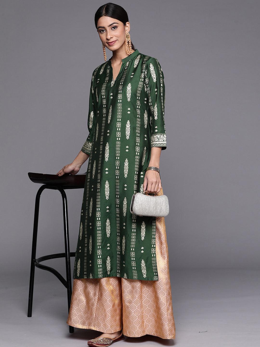 Green Printed Silk Straight Kurta