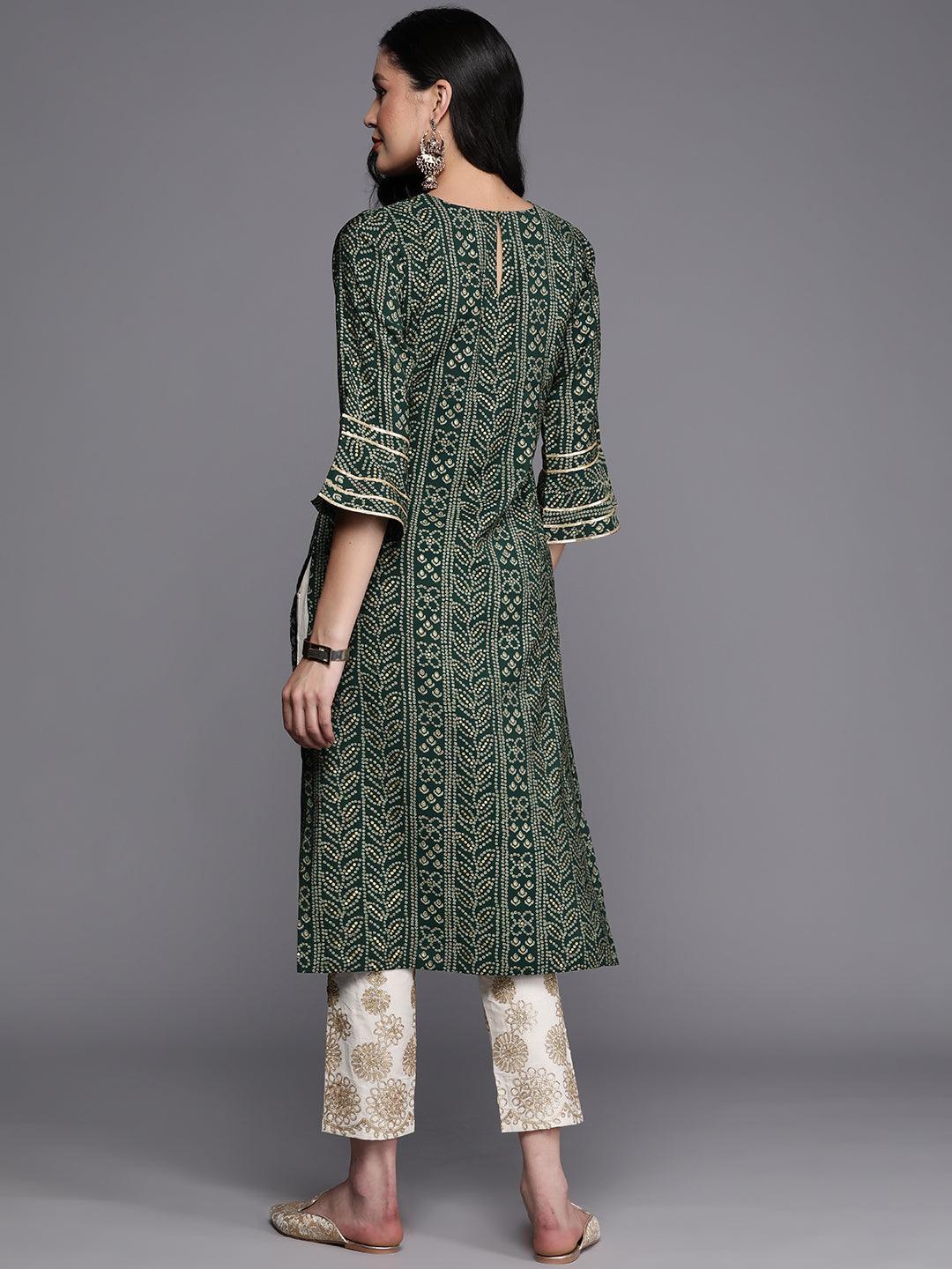 Green Printed Silk Straight Kurta