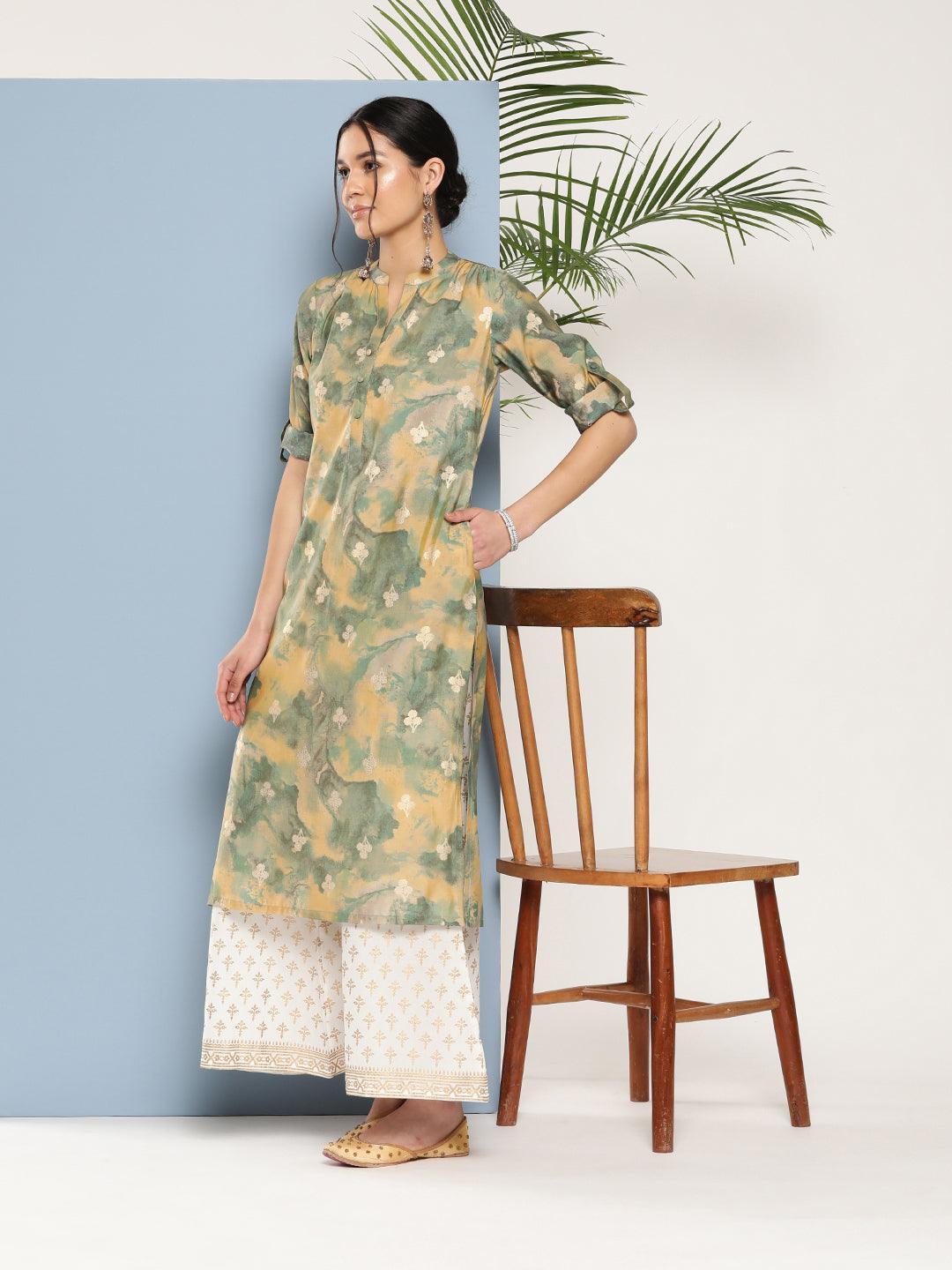 Green Printed Silk Straight Kurta