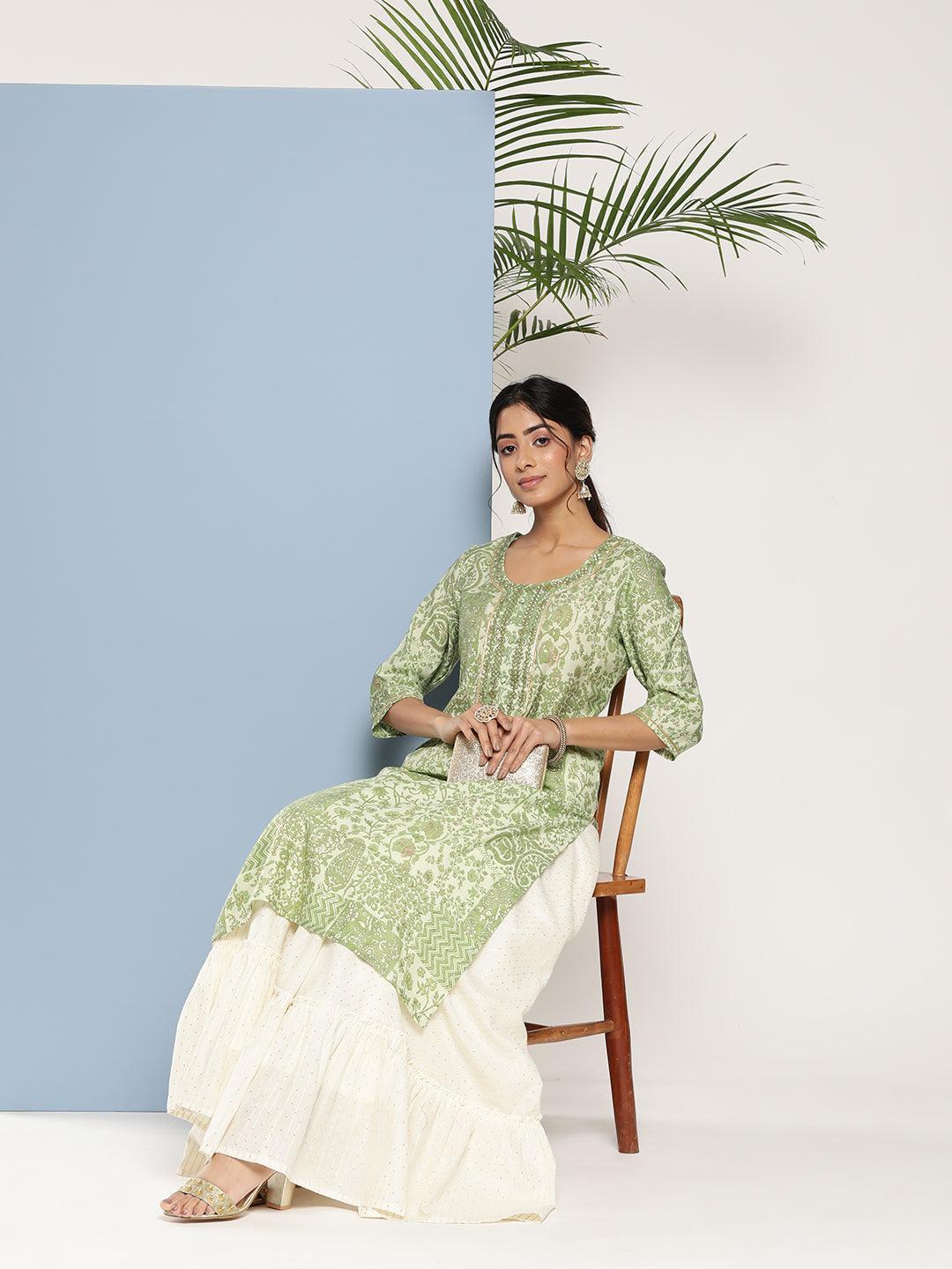 Green Printed Silk Straight Kurta