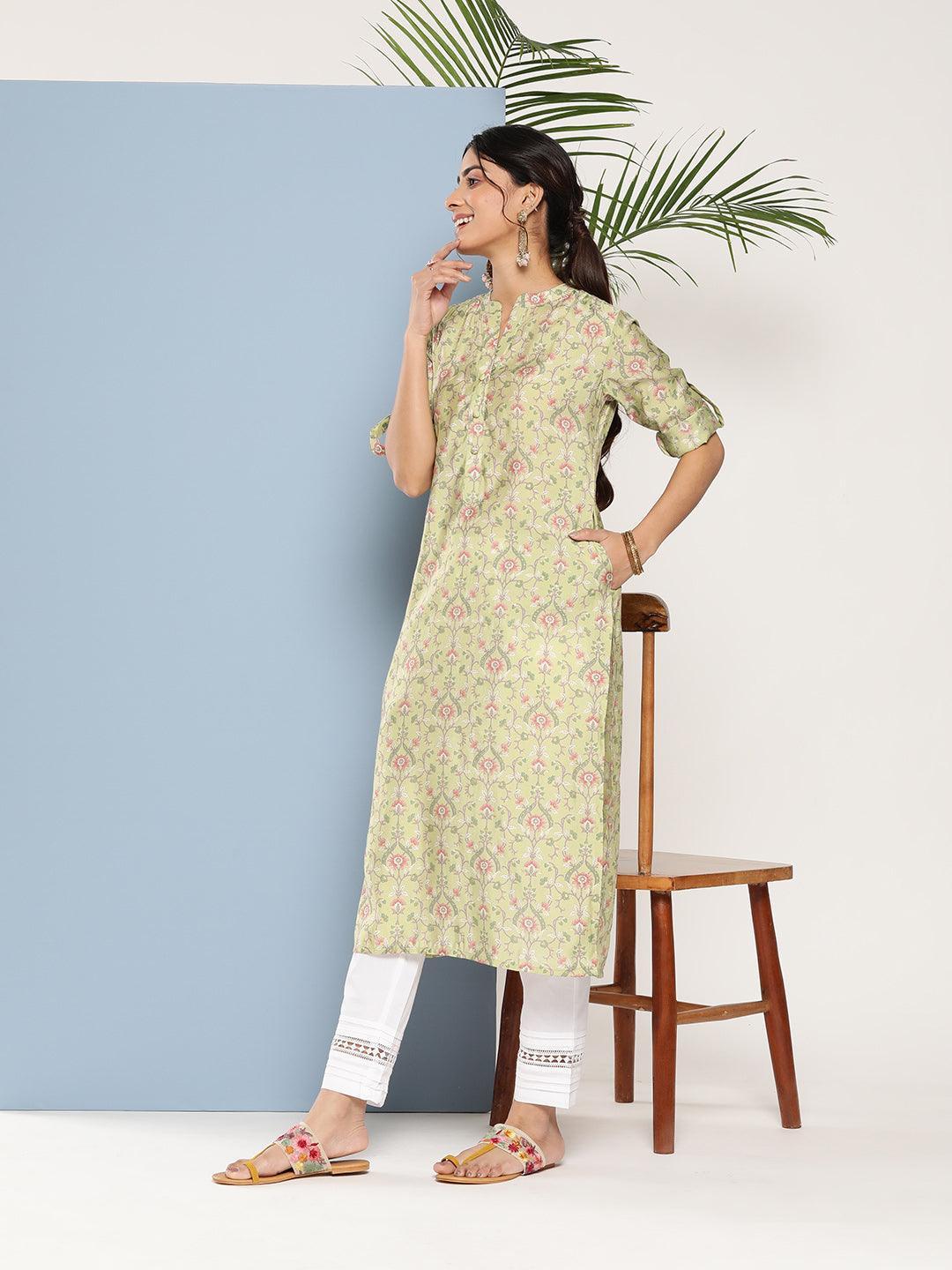 Green Printed Silk Straight Kurta