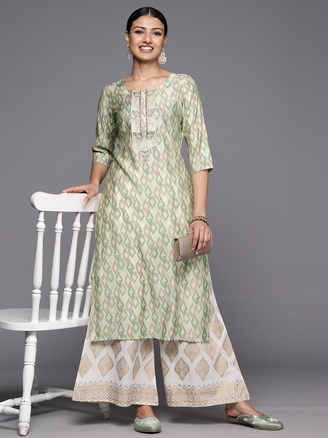 Green Printed Silk Straight Kurta - ShopLibas