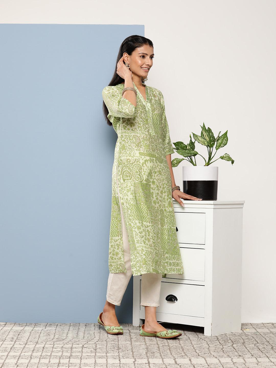 Green Printed Silk Straight Kurta