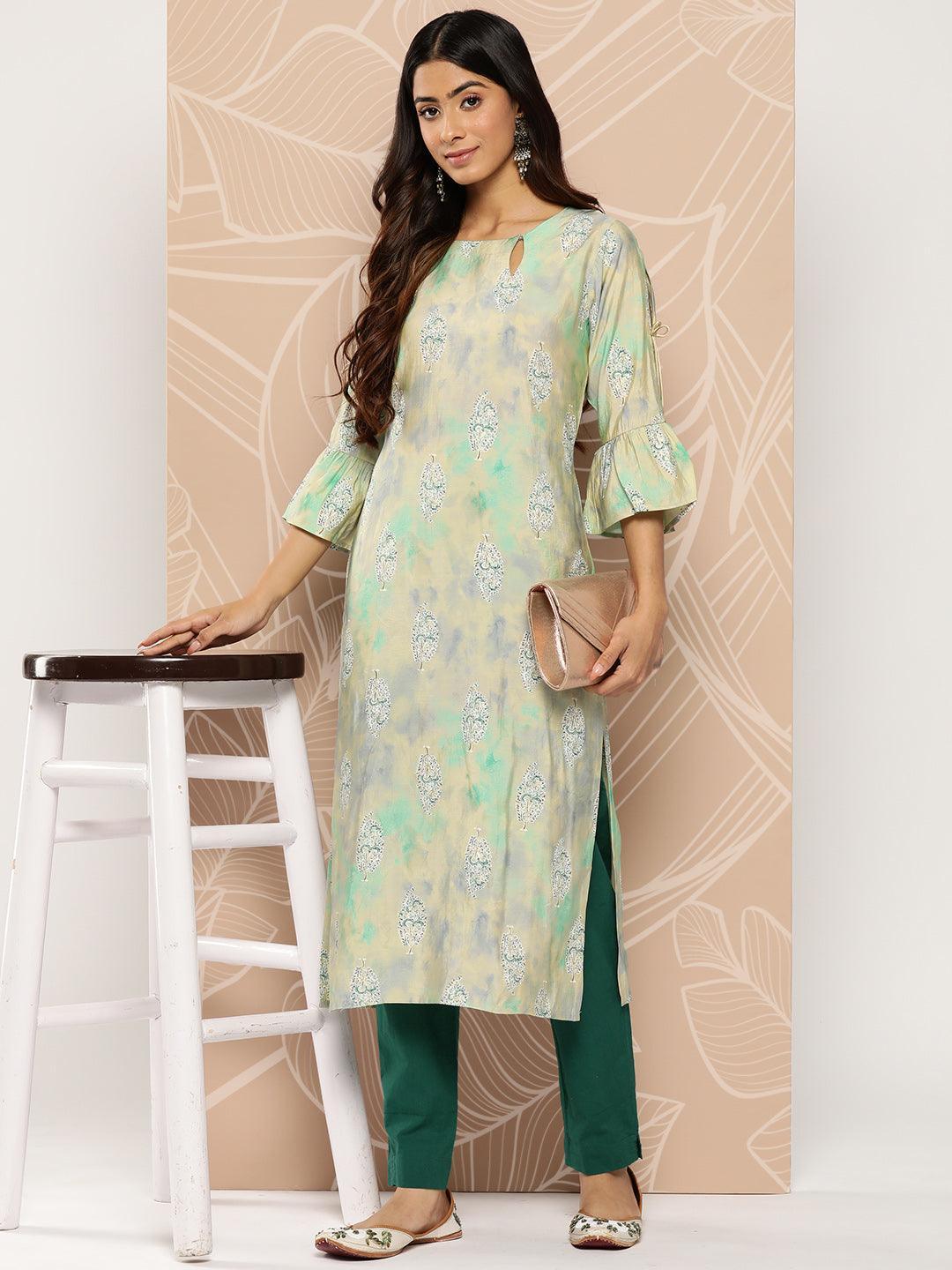 Green Printed Silk Straight Kurta - Libas