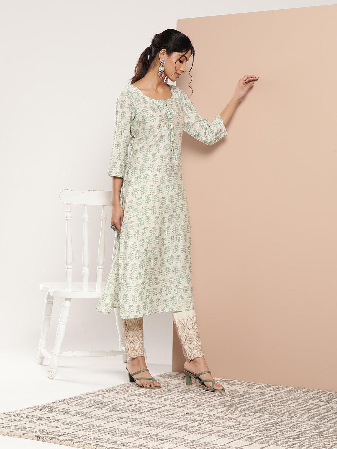 Green Printed Silk Straight Kurta - ShopLibas