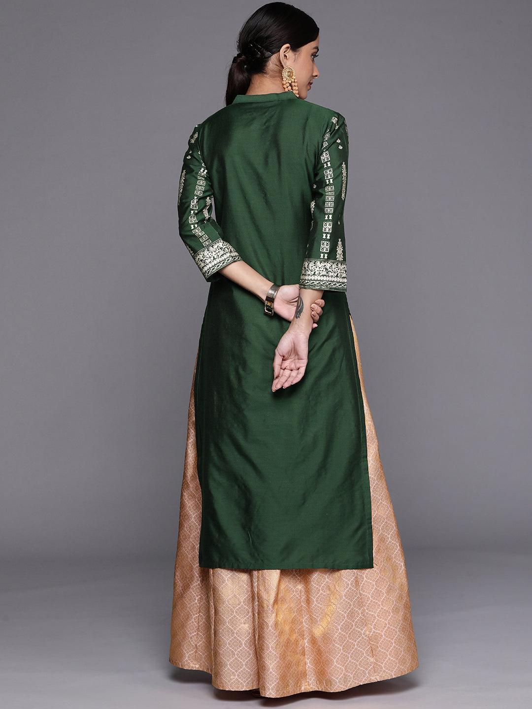 Green Printed Silk Straight Kurta