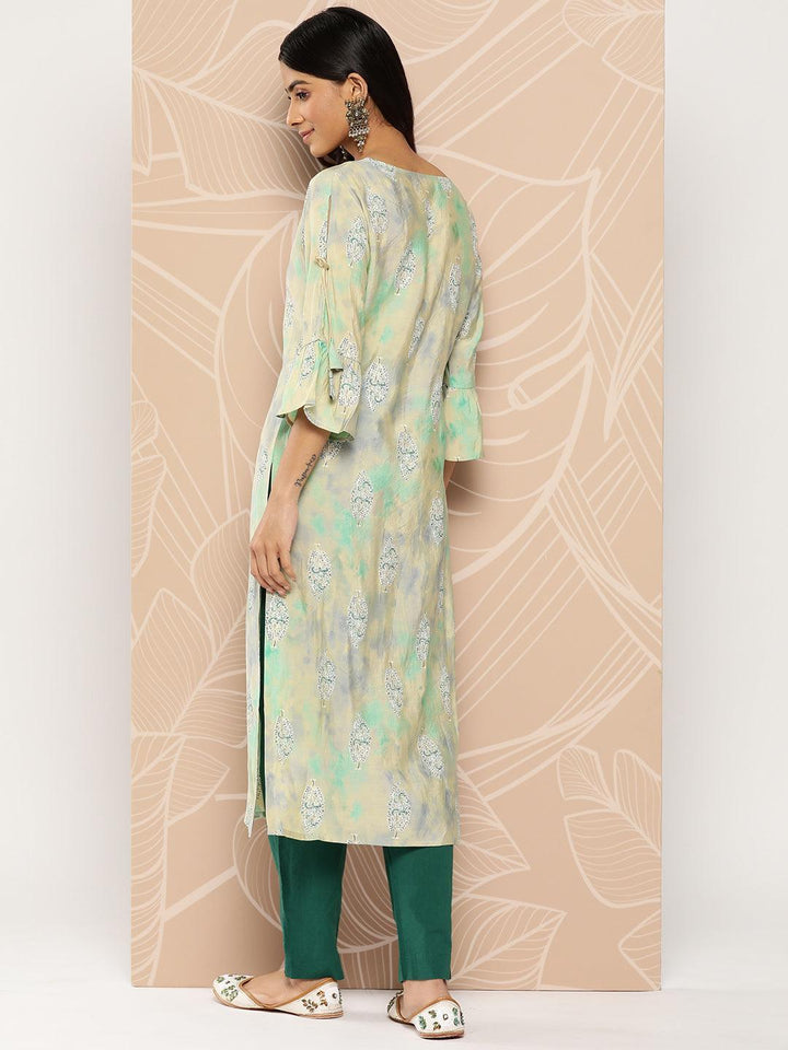 Green Printed Silk Straight Kurta - Libas