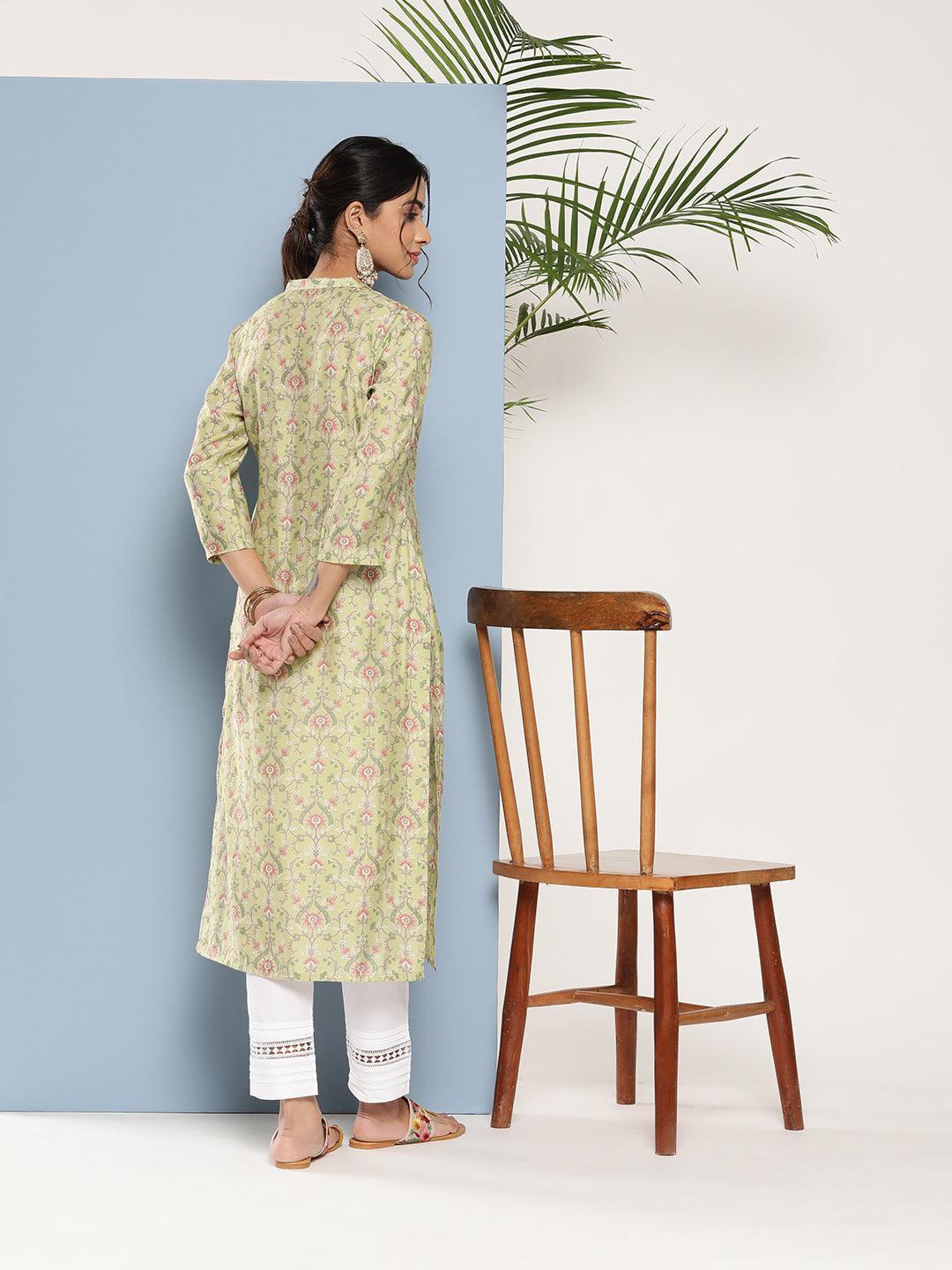 Green Printed Silk Straight Kurta