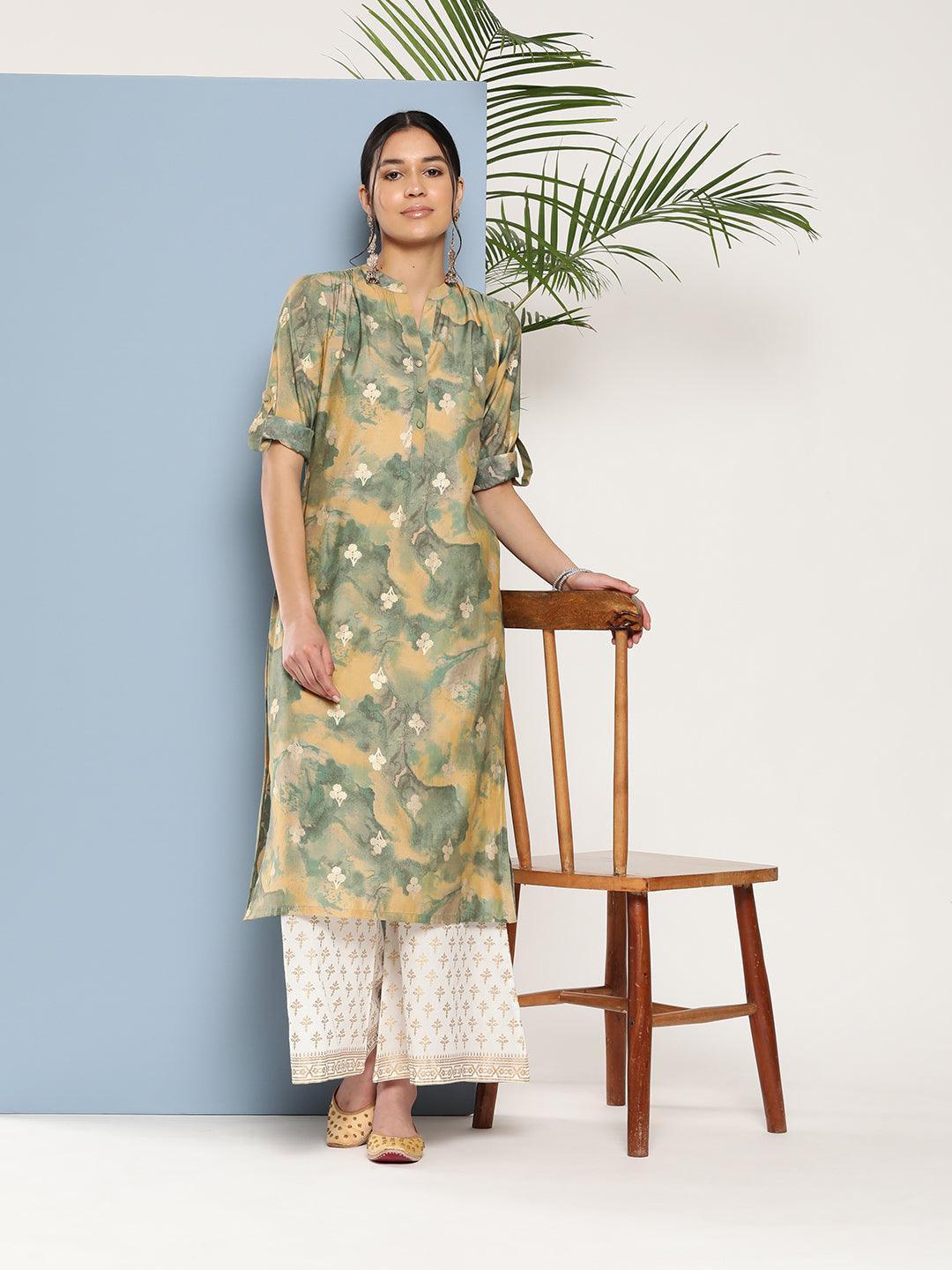 Green Printed Silk Straight Kurta