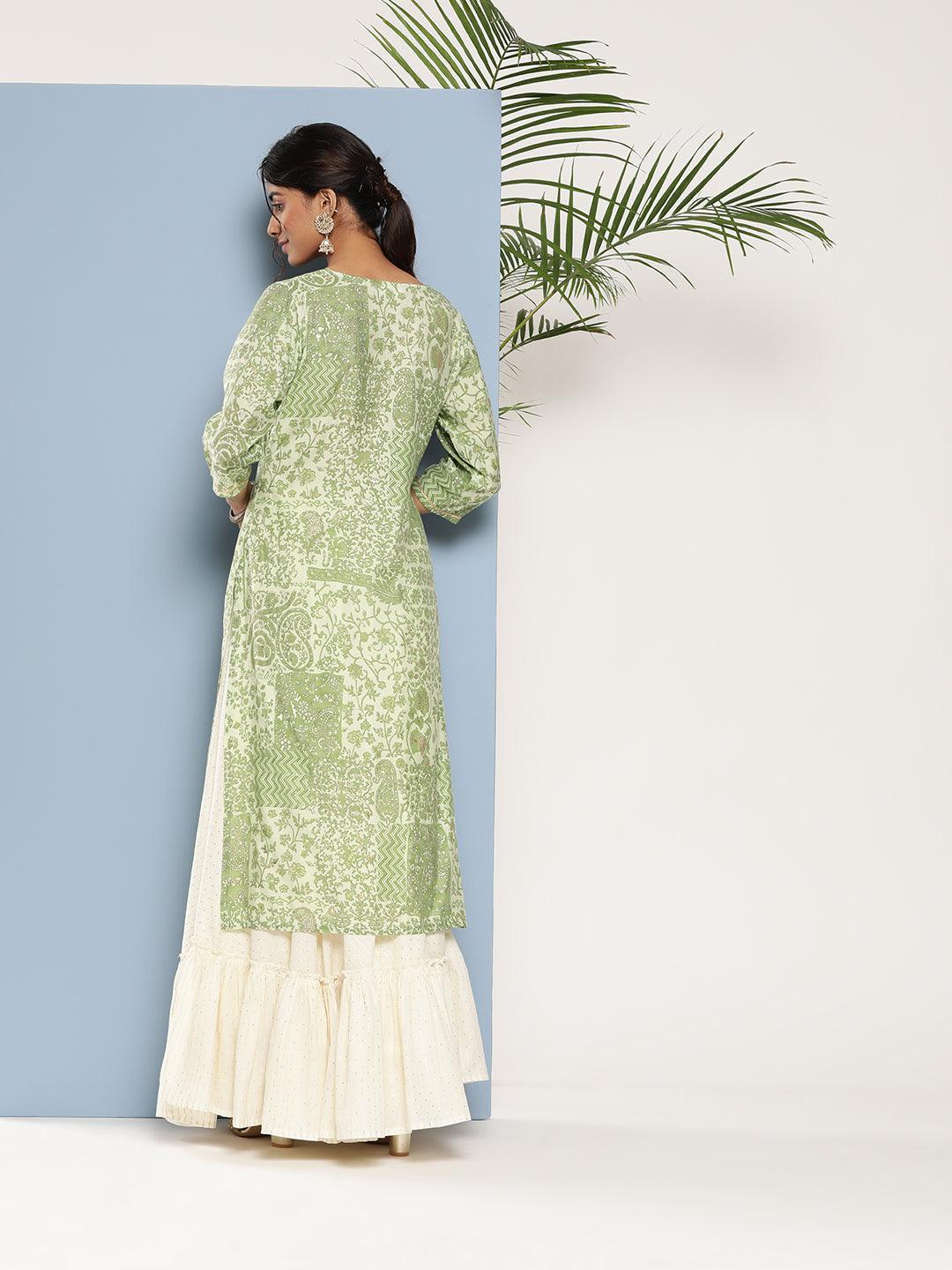 Green Printed Silk Straight Kurta