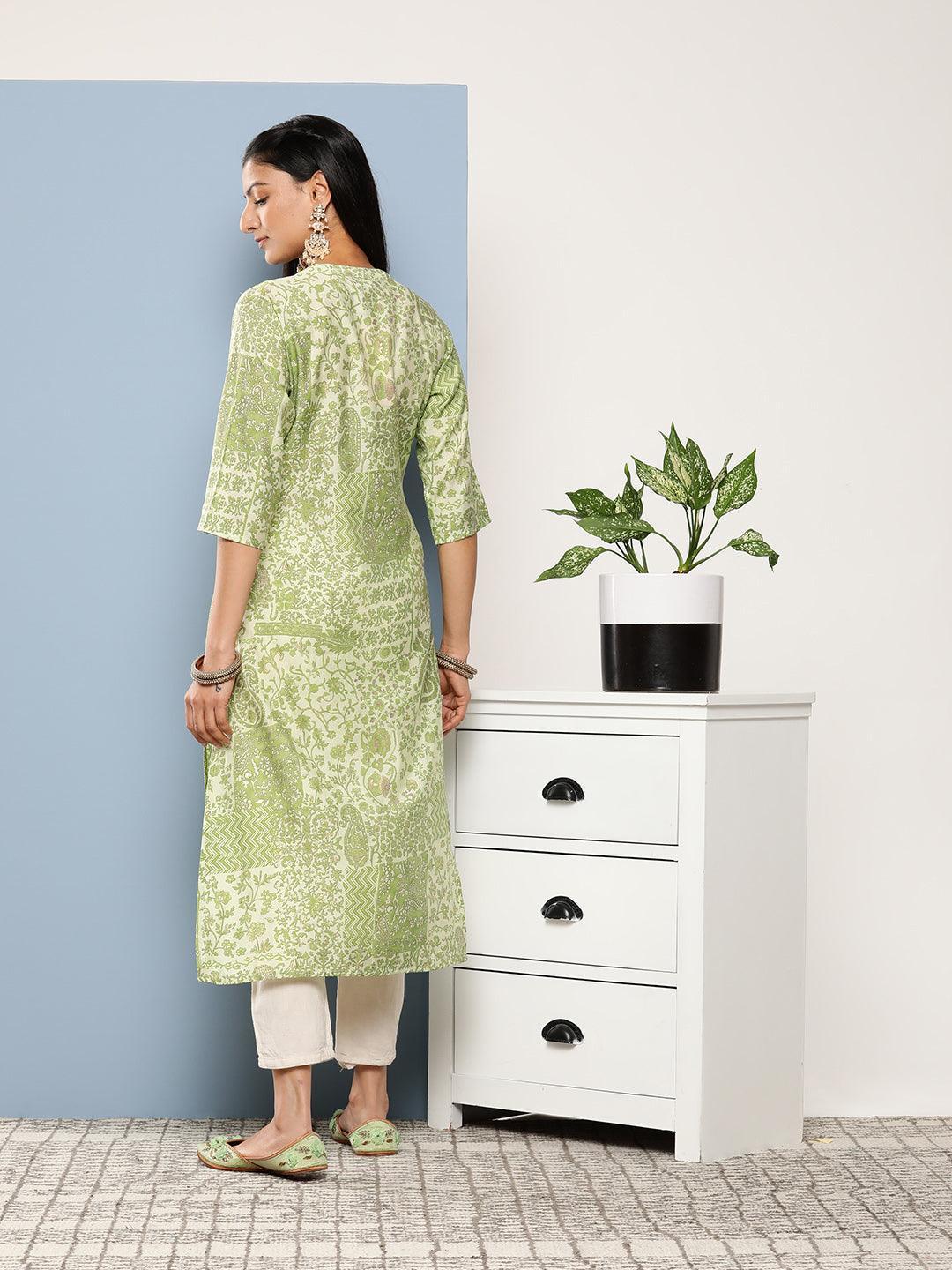 Green Printed Silk Straight Kurta