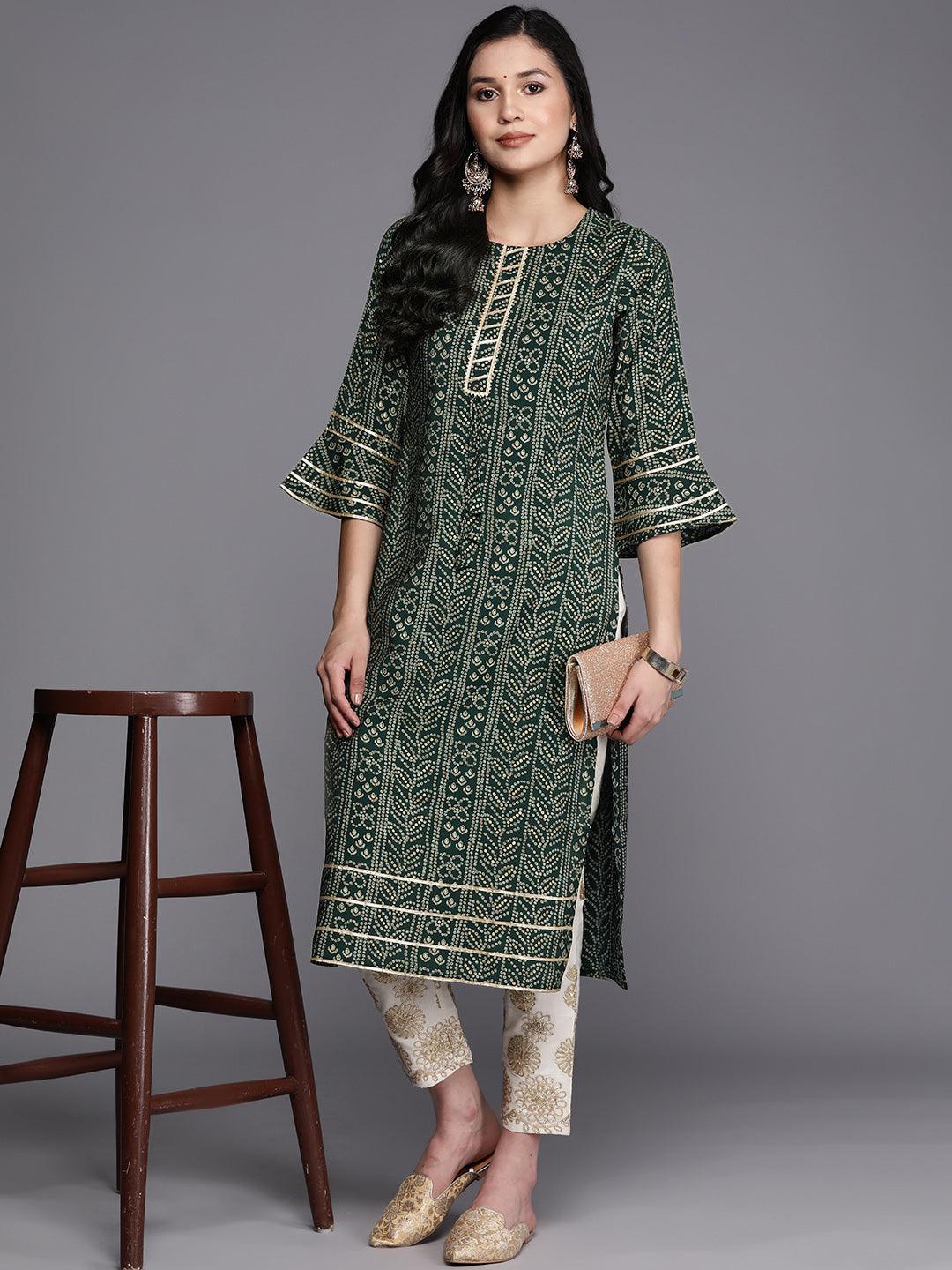 Green Printed Silk Straight Kurta