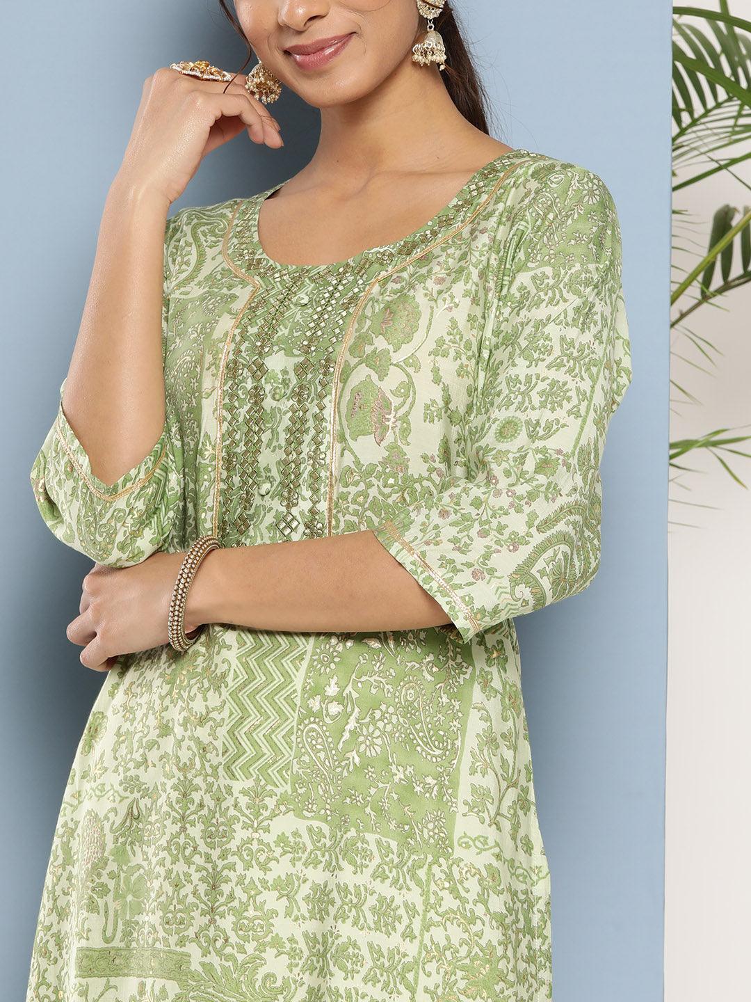 Green Printed Silk Straight Kurta