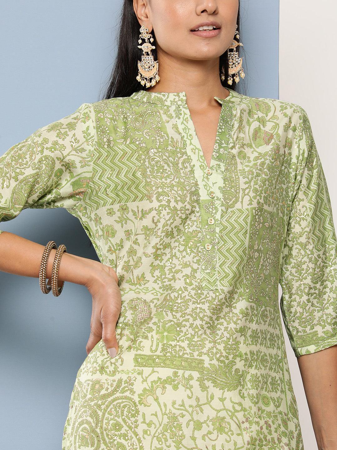 Green Printed Silk Straight Kurta