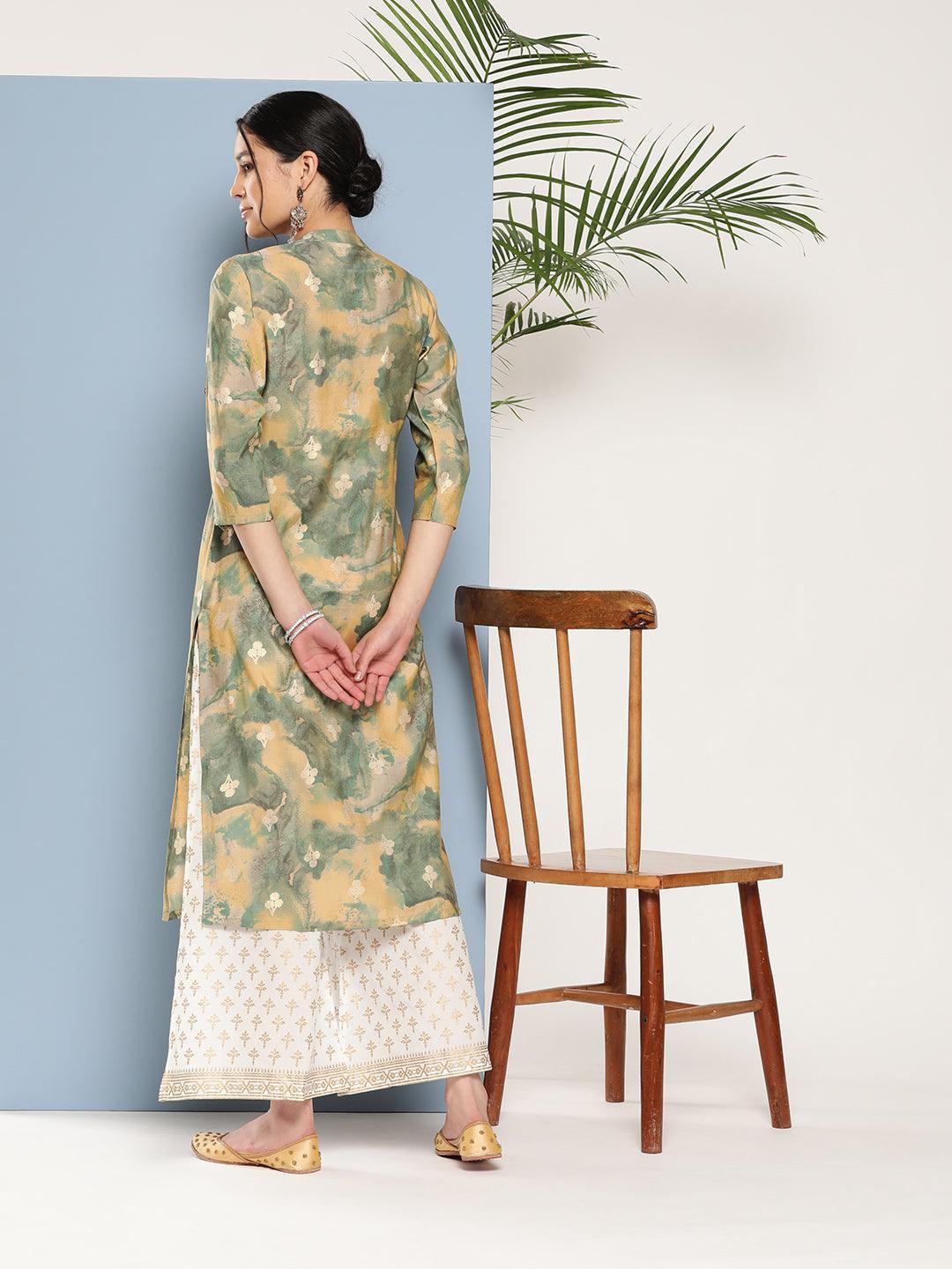 Green Printed Silk Straight Kurta