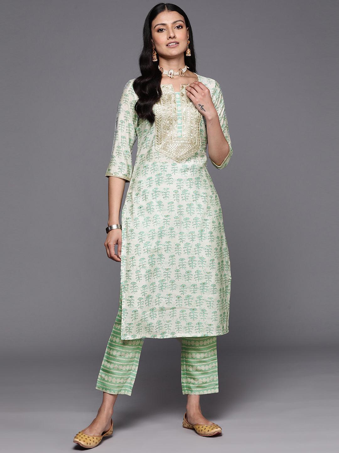 Green Printed Silk Straight Kurta Set With Trousers