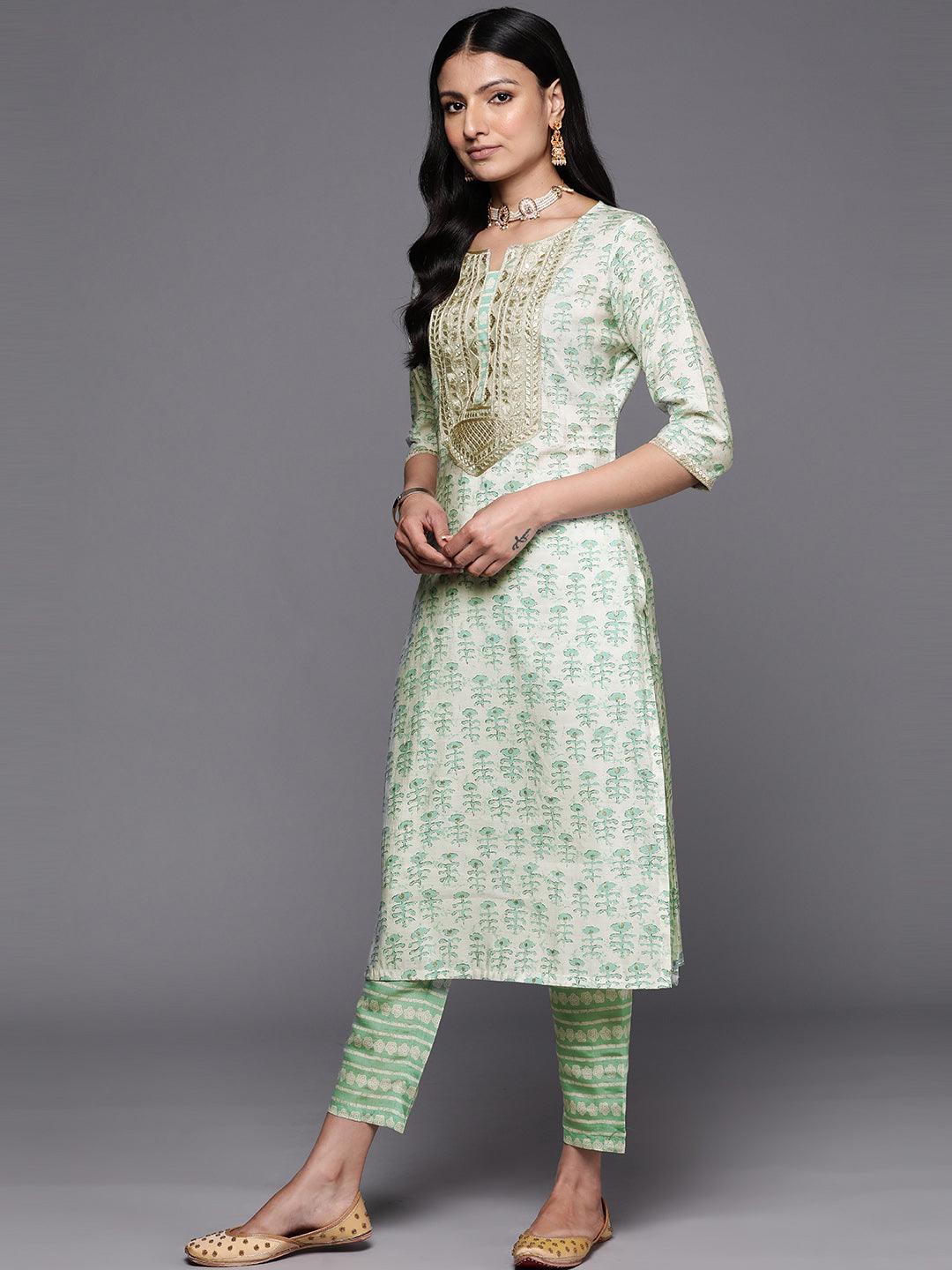 Green Printed Silk Straight Kurta Set With Trousers