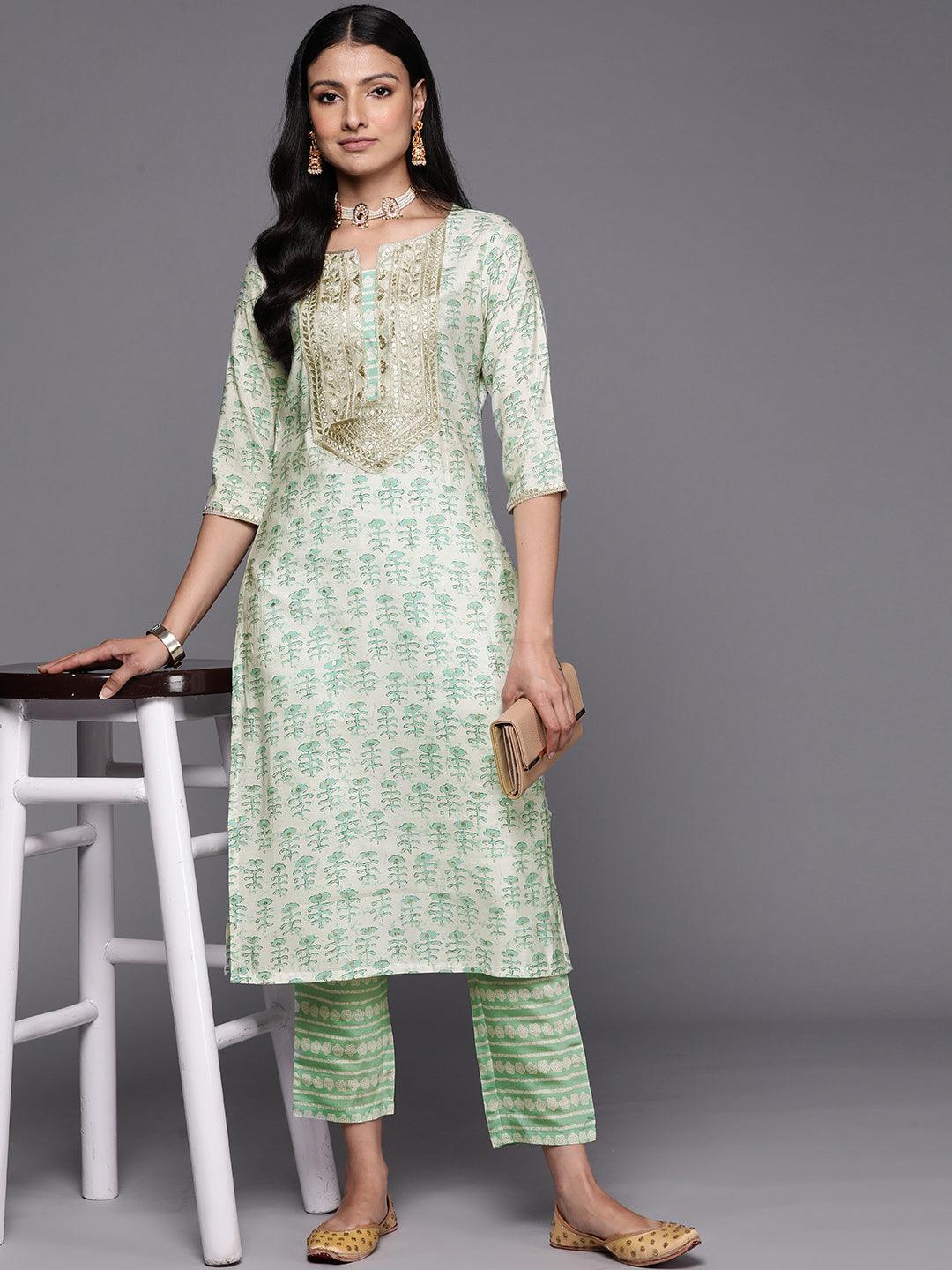 Green Printed Silk Straight Kurta Set With Trousers