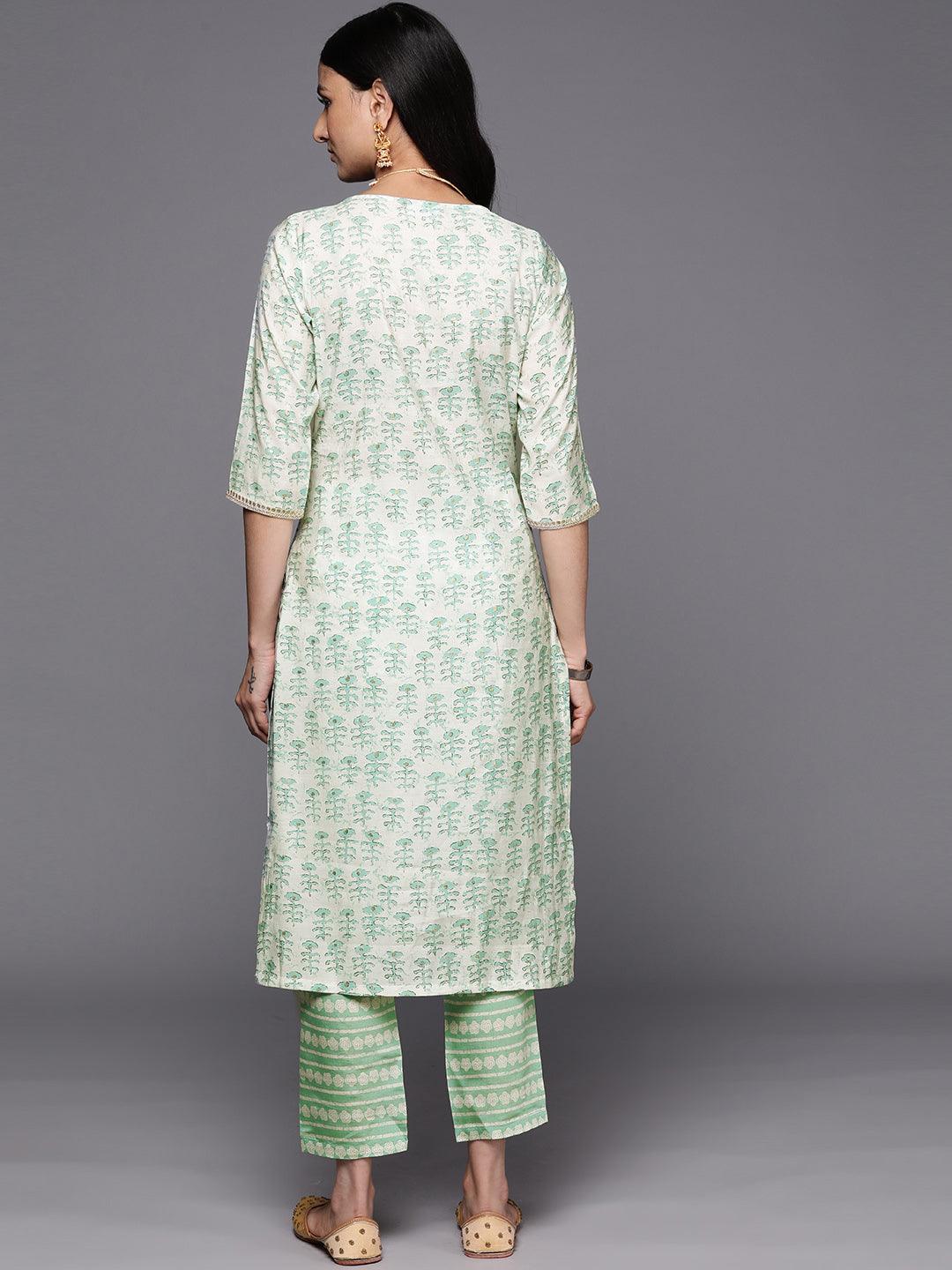 Green Printed Silk Straight Kurta Set With Trousers