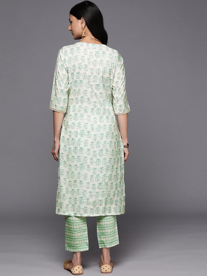 Green Printed Silk Straight Kurta Set With Trousers - ShopLibas