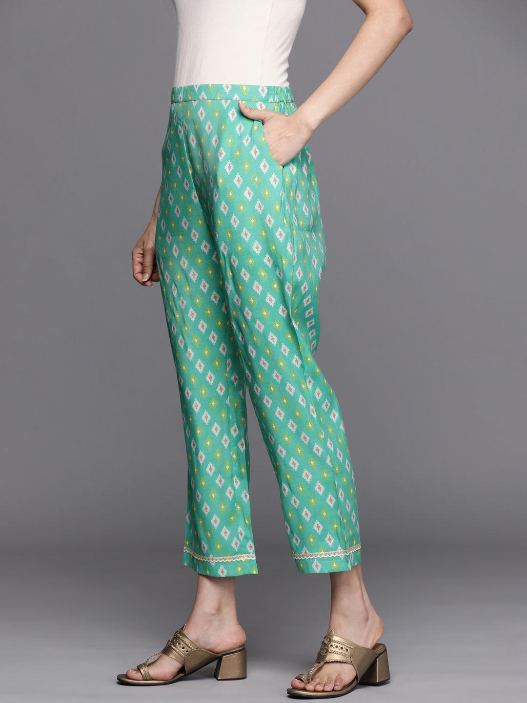 Green Printed Silk Trousers - ShopLibas