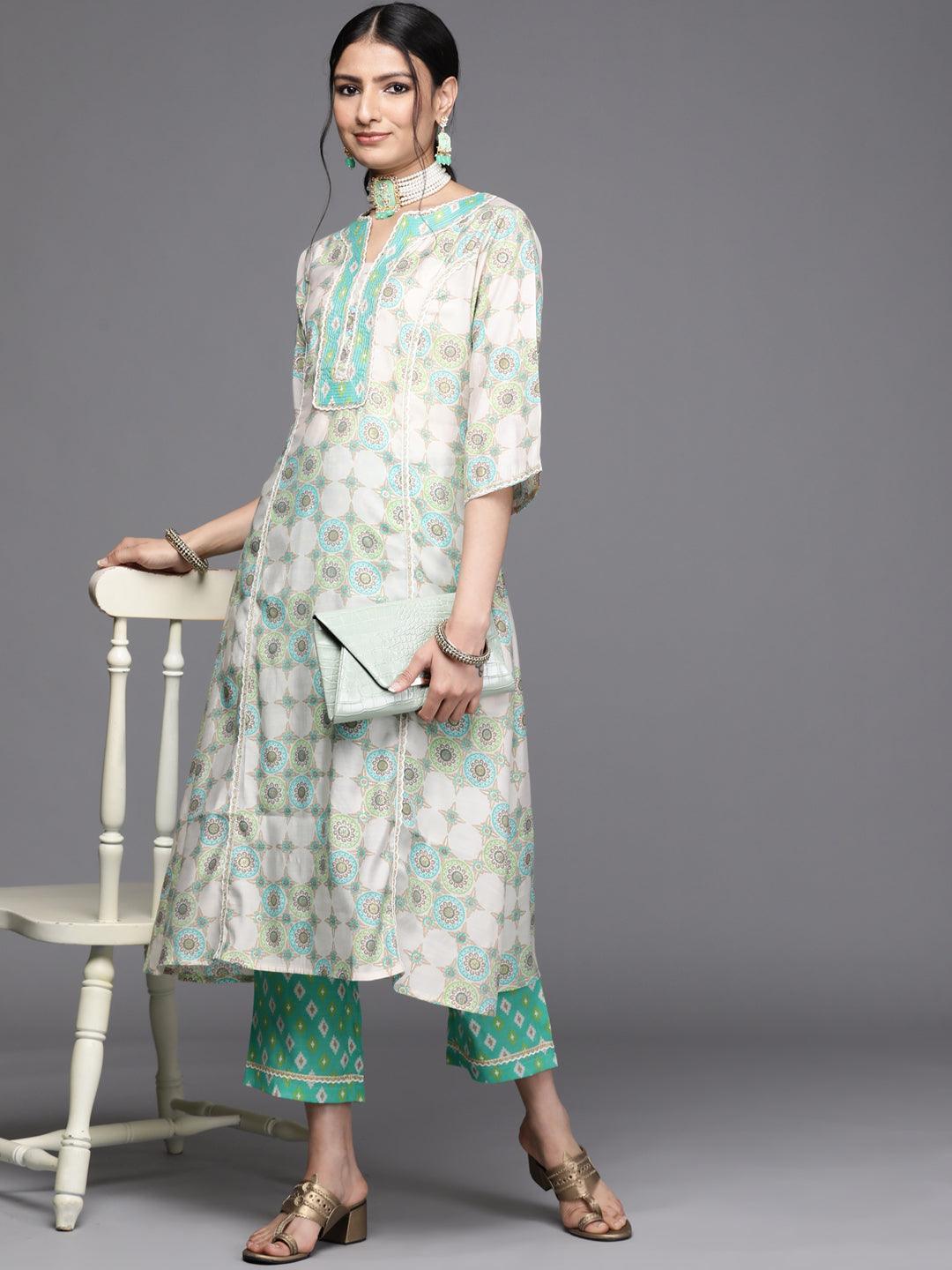 Green Printed Silk Trousers - ShopLibas