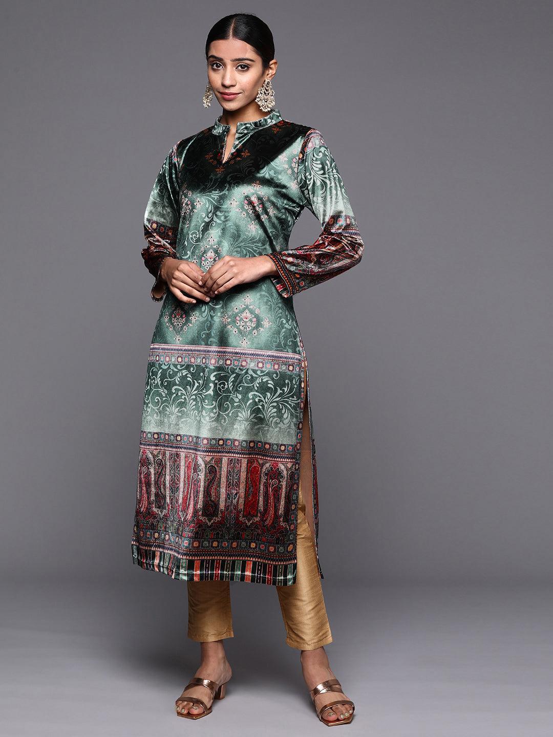 Green Printed Velvet Straight Kurta