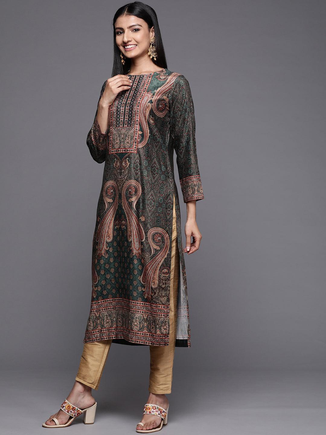 Green Printed Velvet Straight Kurta