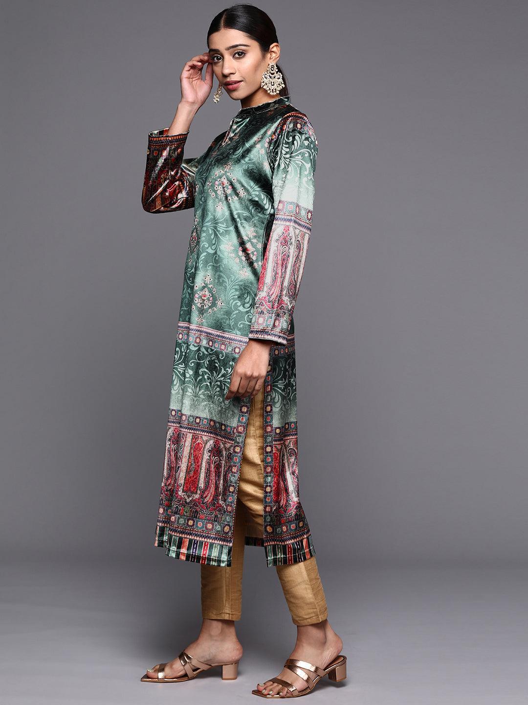 Green Printed Velvet Straight Kurta