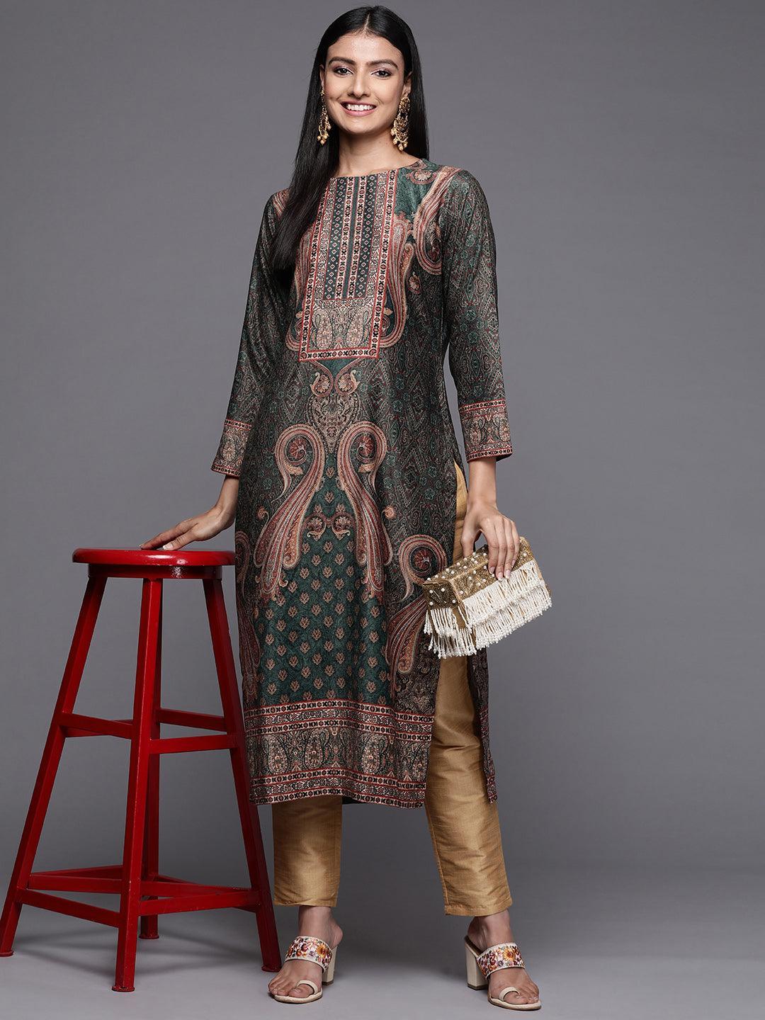 Green Printed Velvet Straight Kurta