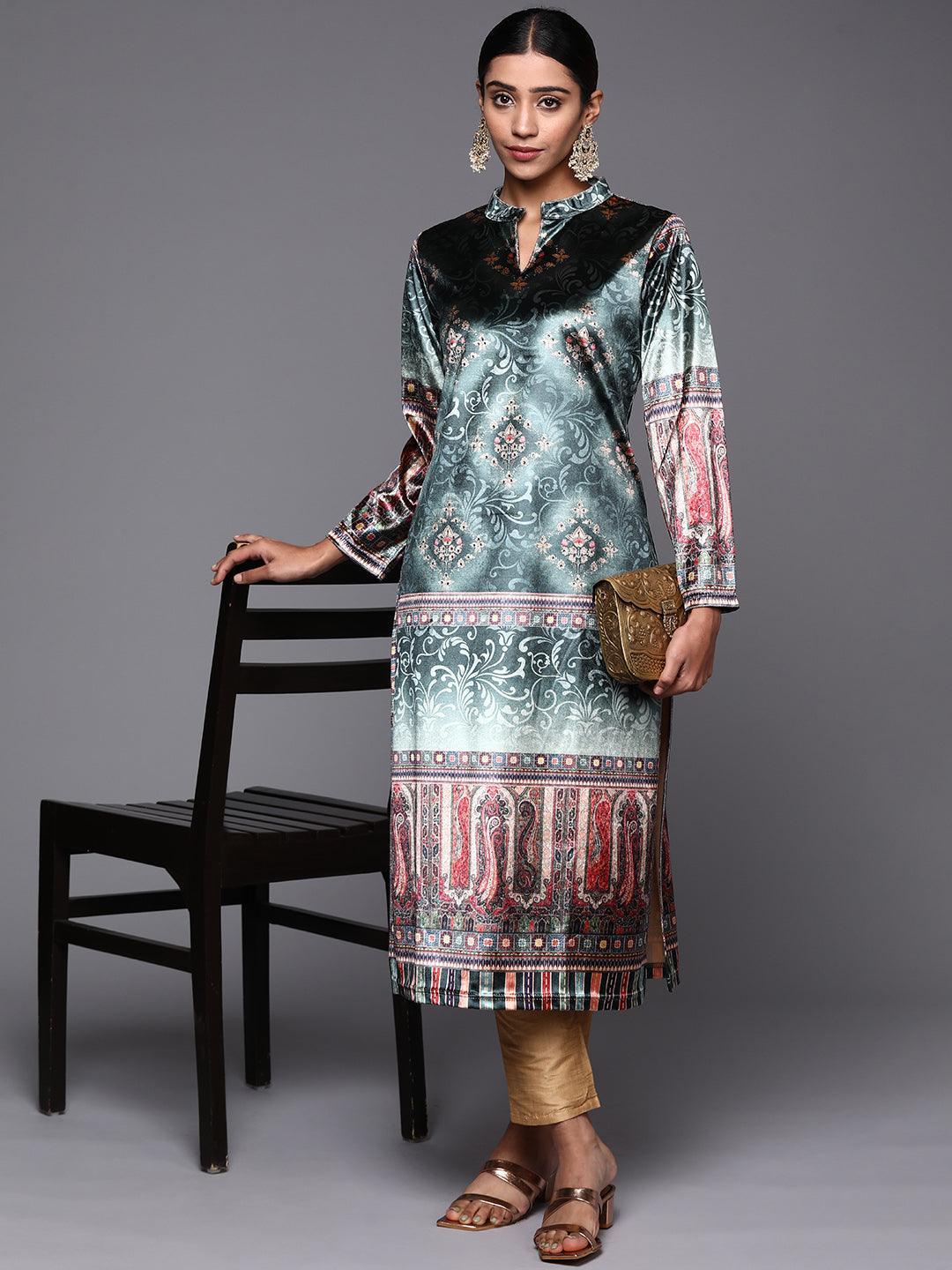 Green Printed Velvet Straight Kurta