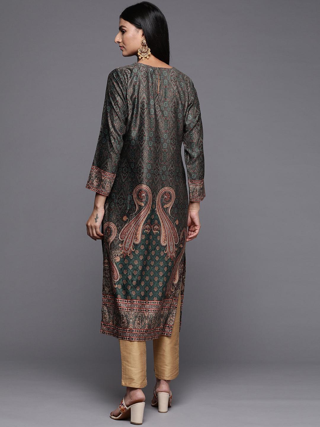 Green Printed Velvet Straight Kurta