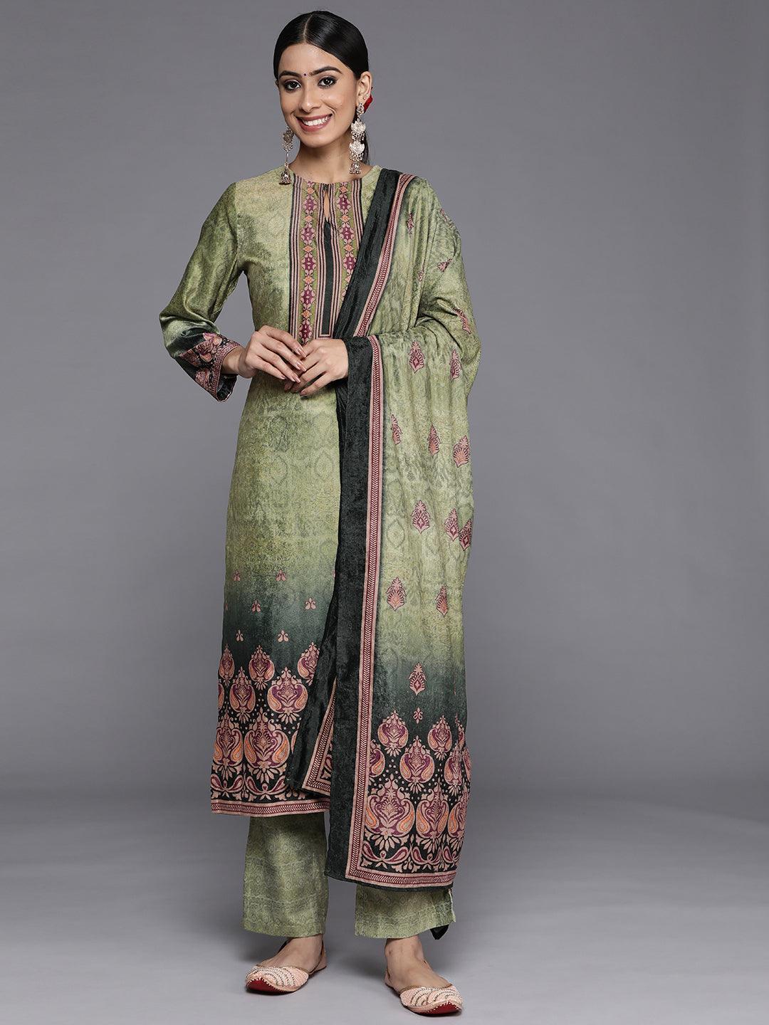 Green Printed Velvet Straight Kurta With Dupatta