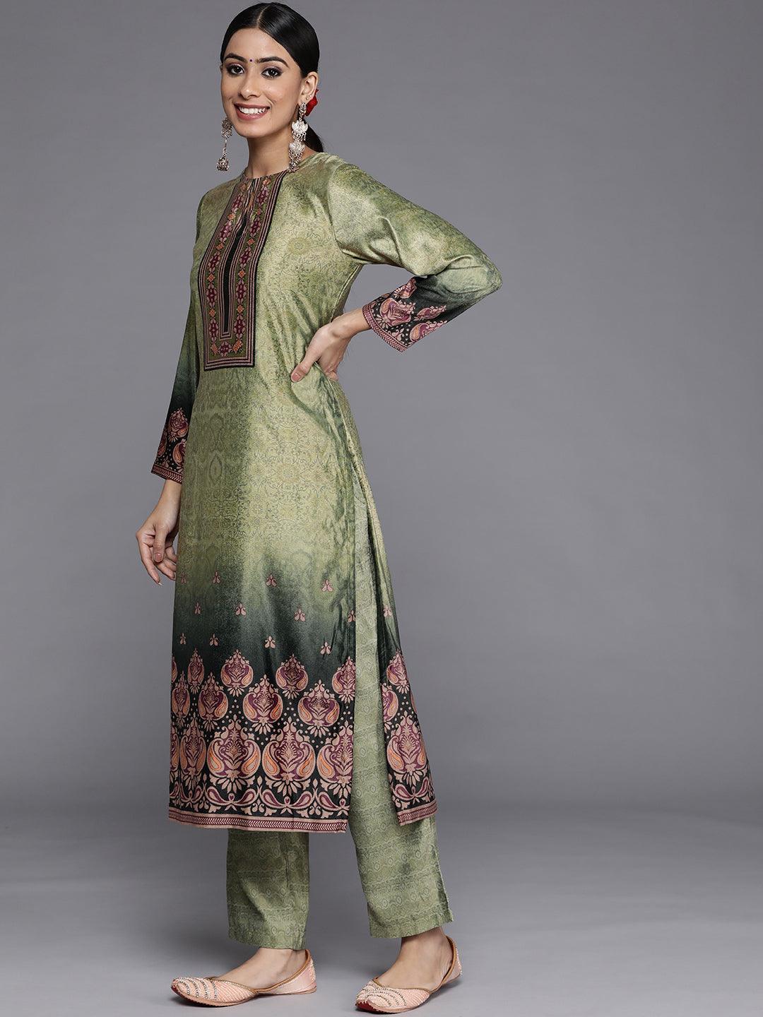 Green Printed Velvet Straight Kurta With Dupatta