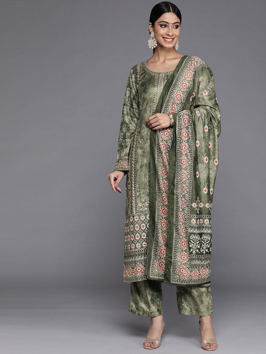 Green Printed Velvet Straight Suit Set