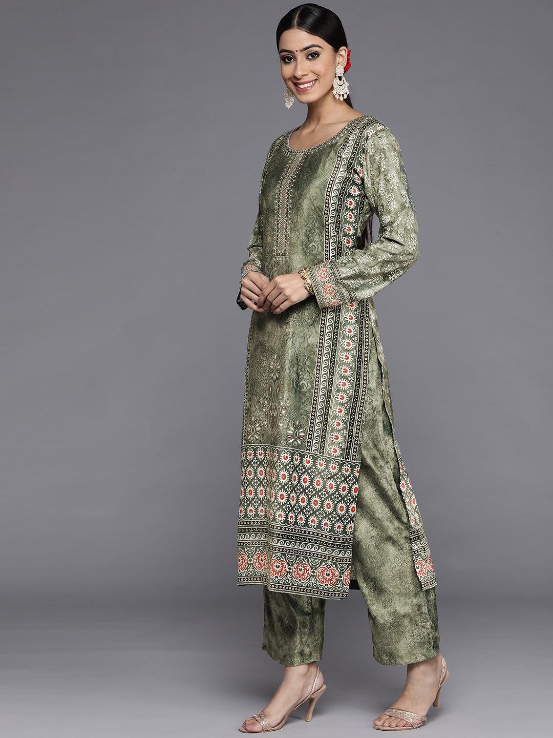 Green Printed Velvet Straight Suit Set