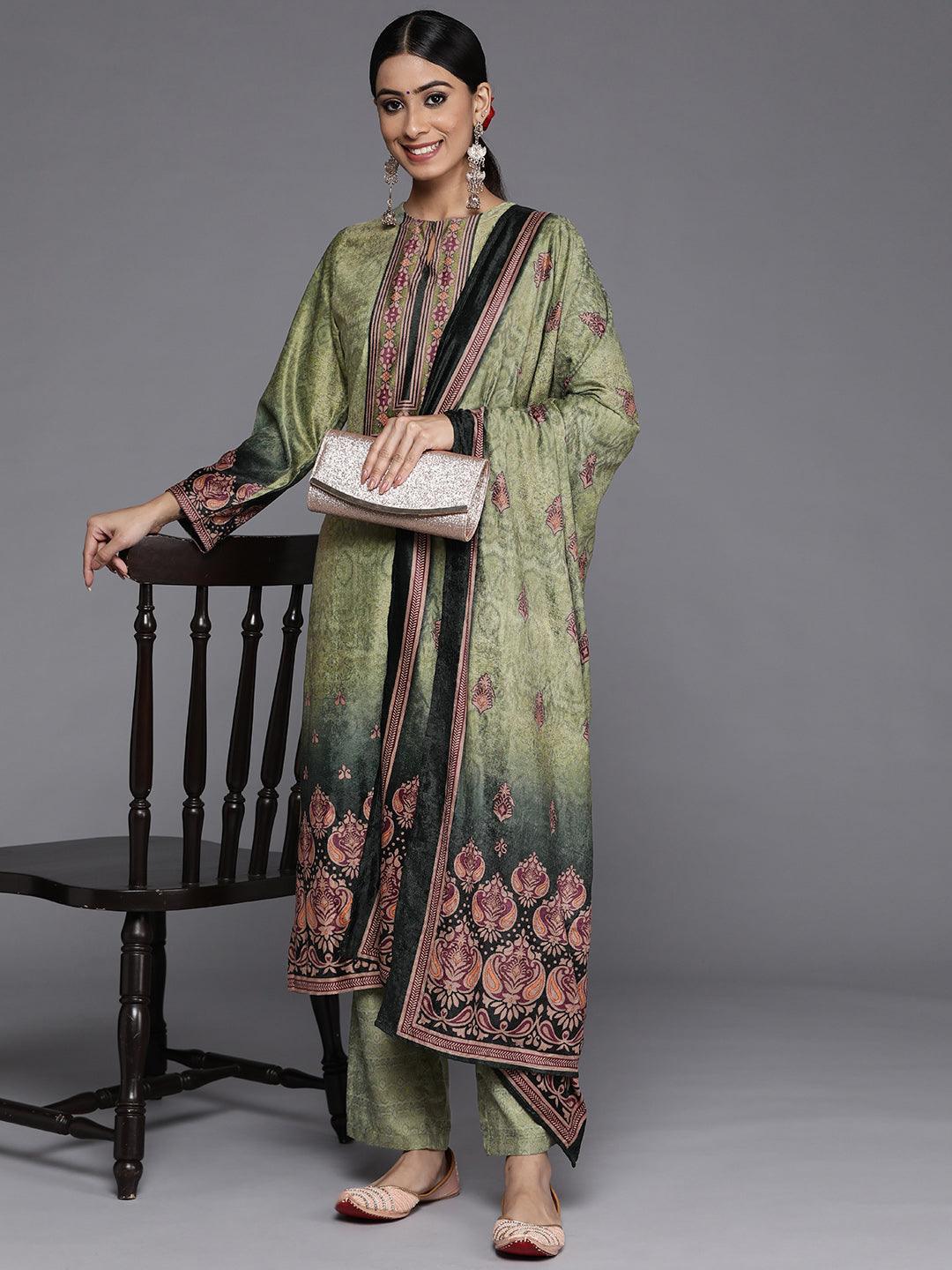 Green Printed Velvet Straight Kurta With Dupatta