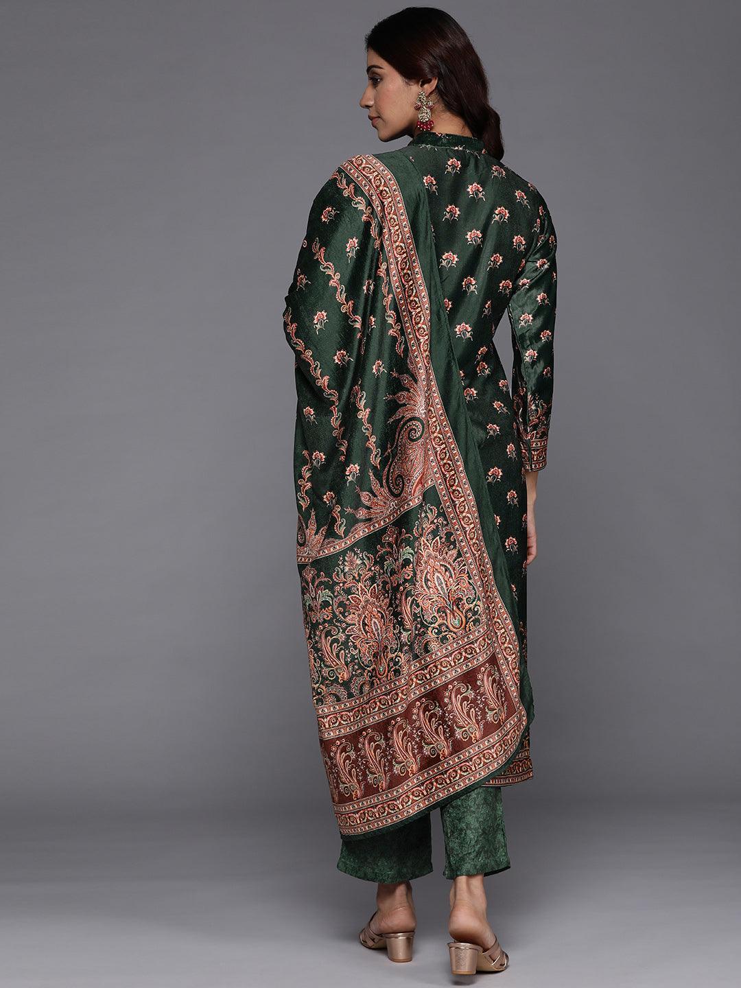 Green Printed Velvet Straight Suit Set With Trousers - Libas