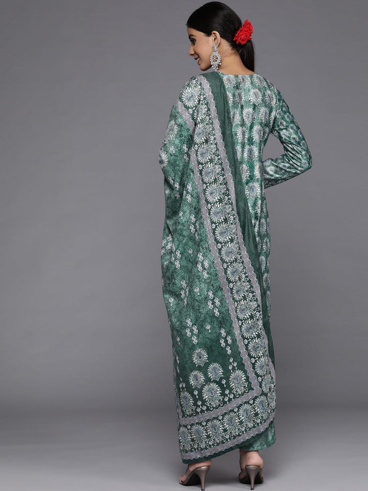 Green Printed Velvet Straight Suit Set With Trousers - Libas