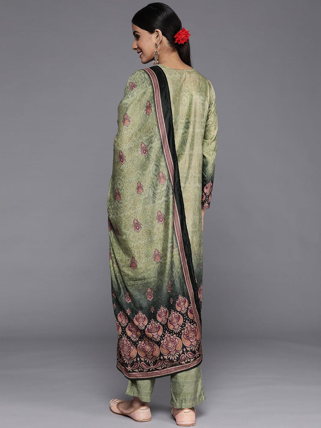 Green Printed Velvet Straight Kurta With Dupatta