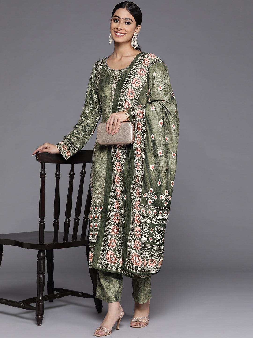 Green Printed Velvet Straight Suit Set