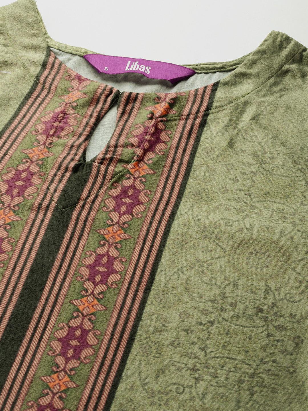 Green Printed Velvet Straight Kurta With Dupatta